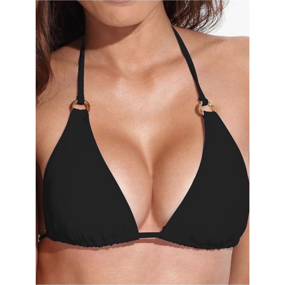 RELLECIGA Black Triangle Halter Bikini Top with Gold Rings